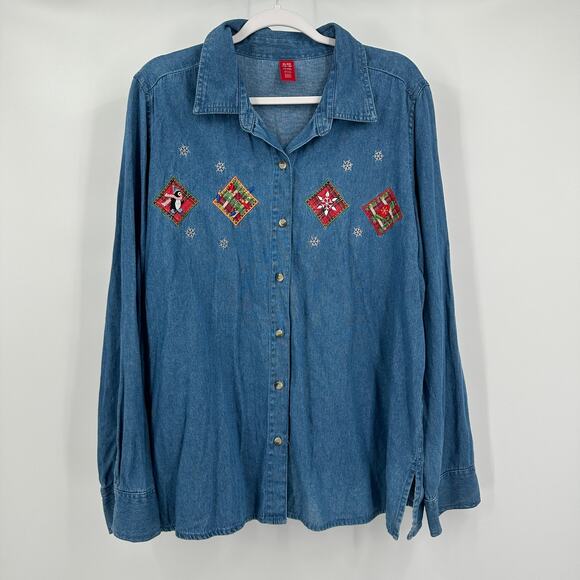 Womens Denim Christmas Shirt Size XL Embroidered Holiday Festive Chambray - Picture 1 of 7